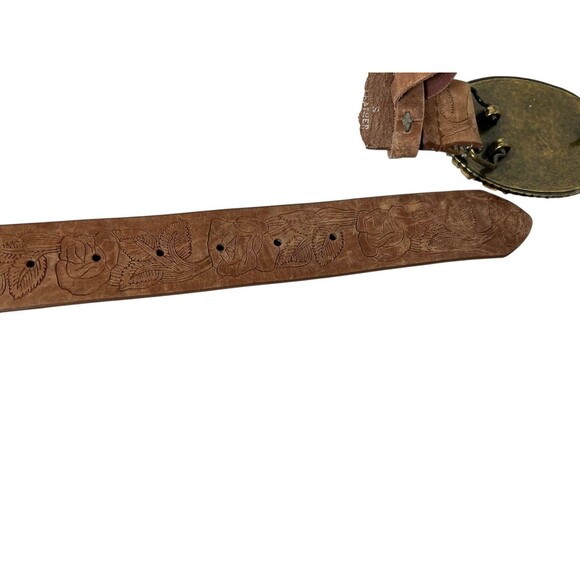 Express Brown Floral Tooled Leather Belt w Stone & Rock Buckle  Size S  Artisan - Picture 12 of 14